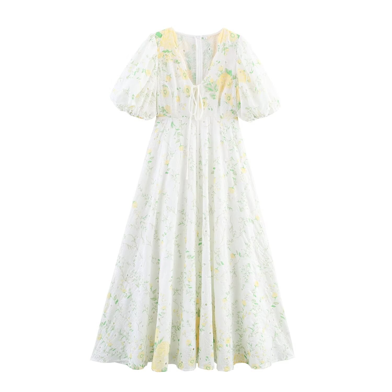 V-neck bubble sleeve printed waist A-line dress