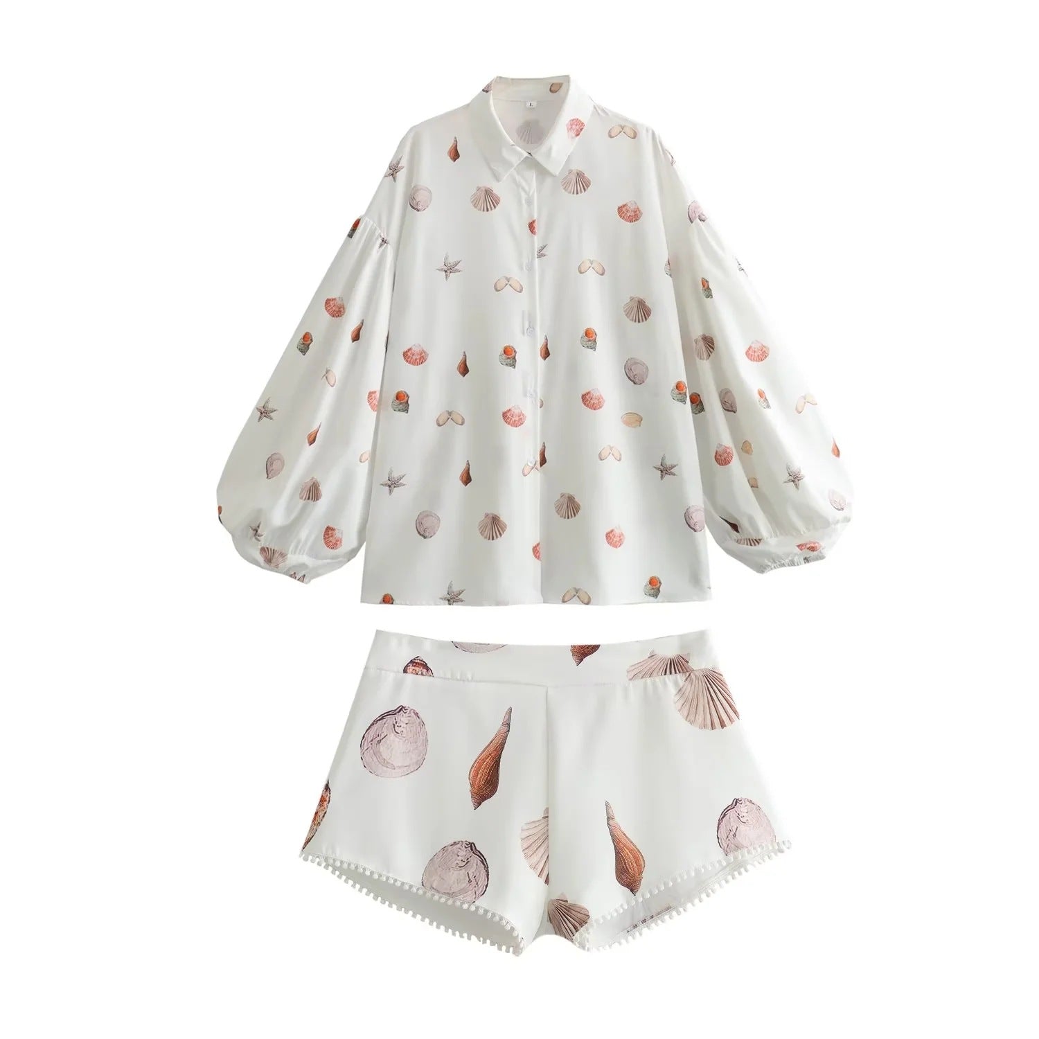 Shell Printed Bubble Sleeve Shirt + Shorts