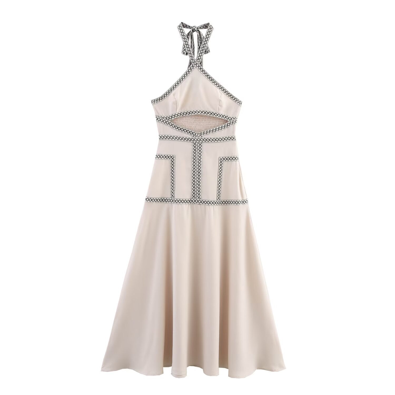 Sexy backless woven belt hanging neck suspender dress