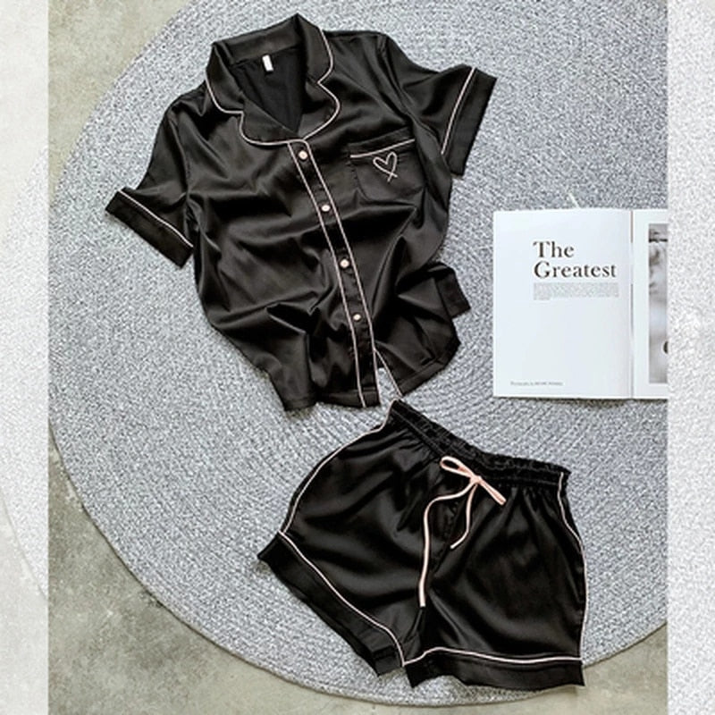 Pigiama di seta per donna Home Suit Cuore Ricamato Pigiama Set Pigiama Indumenti da notte in raso Pigiama Verano Mujer 