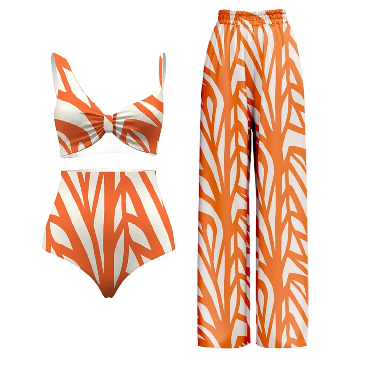 Orange Stripe Print Suspender Swimsuit Sexy