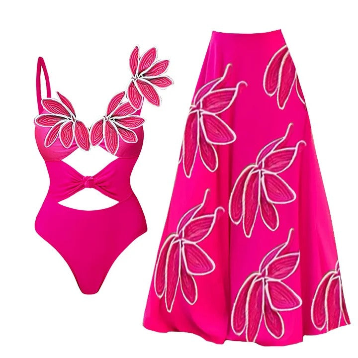 Petal decoration fluorescent one piece swimsuit & skirt