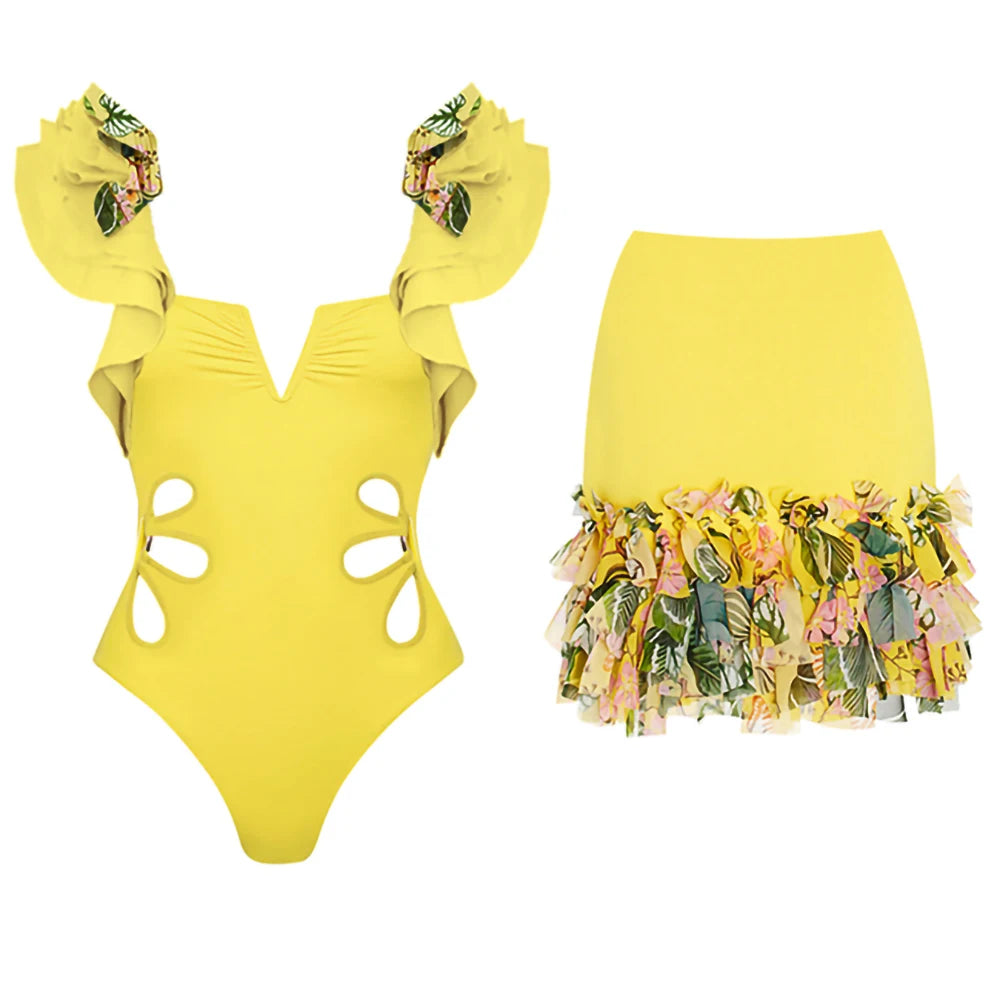 Yellow one piece swimsuit & pareo